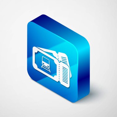 Isometric Tren bileti simgesi beyaz arka planda izole edildi. Demiryolu ile seyahat et. Mavi kare düğme. Vektör İllüstrasyonu