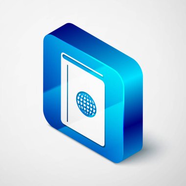 Beyaz arkaplanda izole edilmiş Isometric kitap kapağı seyahat ikonu. Mavi kare düğme. Vektör İllüstrasyonu