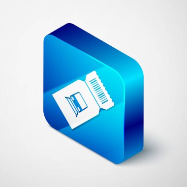 Isometric Tren bileti simgesi beyaz arka planda izole edildi. Demiryolu ile seyahat et. Mavi kare düğme. Vektör İllüstrasyonu