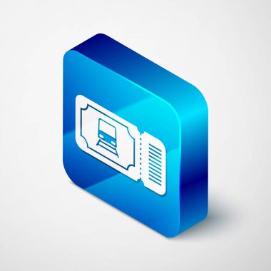 Isometric Tren bileti simgesi beyaz arka planda izole edildi. Demiryolu ile seyahat et. Mavi kare düğme. Vektör İllüstrasyonu