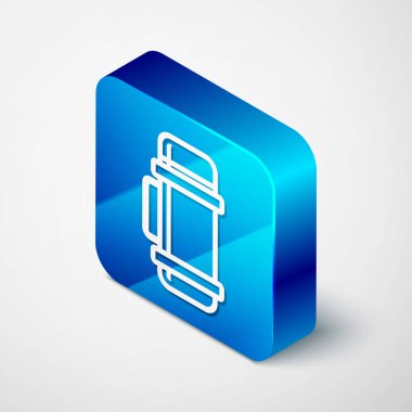 Beyaz arkaplanda izole edilmiş Isome termos kabı simgesi. Termo matara ikonu. Kamp ve yürüyüş ekipmanları. Mavi kare düğme. Vektör İllüstrasyonu