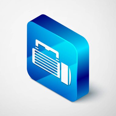 Beyaz arkaplanda izole edilmiş Isometric Flashlight simgesi. Turist el feneri sapı. Mavi kare düğme. Vektör İllüstrasyonu