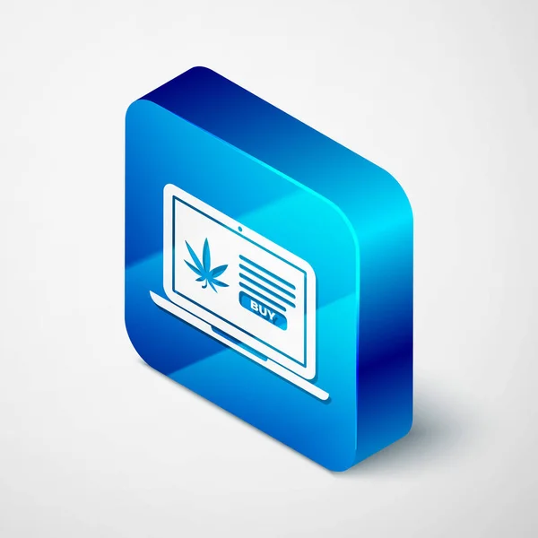 Isométrico Laptop y marihuana medicinal o icono de la hoja de cannabis aislado sobre fondo blanco. Símbolo de compra online. Cesta del supermercado. Botón cuadrado azul. Ilustración vectorial — Archivo Imágenes Vectoriales