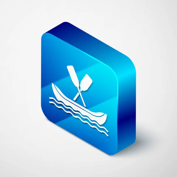 Isometric Rafting boat icon isolated on white background. Kayak with paddles. Water sports, extreme sports, holiday, vacation, team building. Blue square button. Vector Illustration