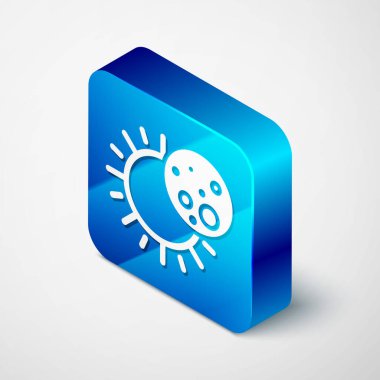 Güneş tutulmasının Isometric Eclipse 'i beyaz arka planda izole edilmiş. Tam sonar tutulması. Mavi kare düğme. Vektör İllüstrasyonu