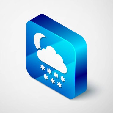 Beyaz arka planda kar ve ay ikonu olan Isometric Cloud. Kar taneli bulut. Tek hava ikonu. Kar tabelası. Mavi kare düğme. Vektör İllüstrasyonu