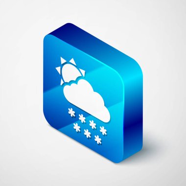 Beyaz zemin üzerinde kar ve güneş ikonu olan Isometric Cloud. Kar taneli bulut. Tek hava ikonu. Kar tabelası. Mavi kare düğme. Vektör İllüstrasyonu