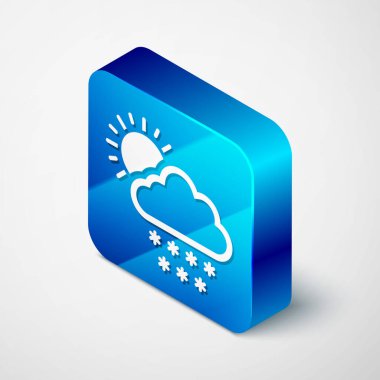 Beyaz zemin üzerinde kar ve güneş ikonu olan Isometric Cloud. Kar taneli bulut. Tek hava ikonu. Kar tabelası. Mavi kare düğme. Vektör İllüstrasyonu
