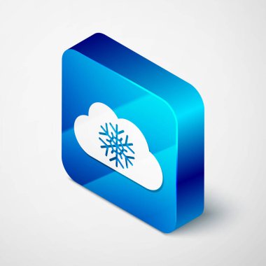 Beyaz arka planda izole edilmiş kar simgesine sahip İzometrik Bulut. Kar taneli bulut. Tek hava durumu simgesi. Kar işareti. Mavi kare düğmesi. Vektör İllüstrasyonu