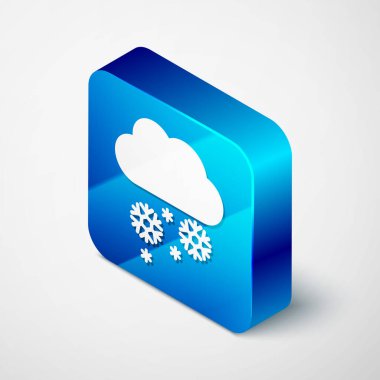 Beyaz arka planda izole edilmiş kar simgesine sahip İzometrik Bulut. Kar taneli bulut. Tek hava durumu simgesi. Kar işareti. Mavi kare düğmesi. Vektör İllüstrasyonu