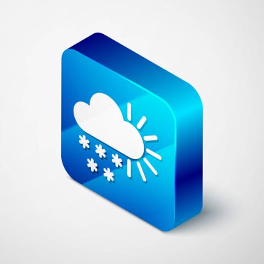 Beyaz zemin üzerinde kar simgesi olan Isometric Bulutlu. Kar taneli bulut. Tek hava ikonu. Kar tabelası. Mavi kare düğme. Vektör İllüstrasyonu