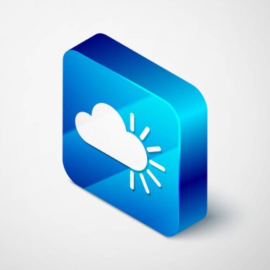 Beyaz arkaplanda izole edilmiş Isometric Cloudy simgesi. Mavi kare düğme. Vektör İllüstrasyonu