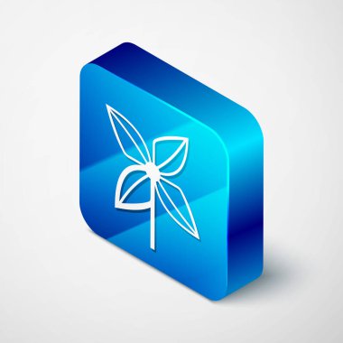 Beyaz arkaplanda izole edilmiş Isometric Fırıldak simgesi. Yel değirmeni oyuncak ikonu. Mavi kare düğme. Vektör İllüstrasyonu