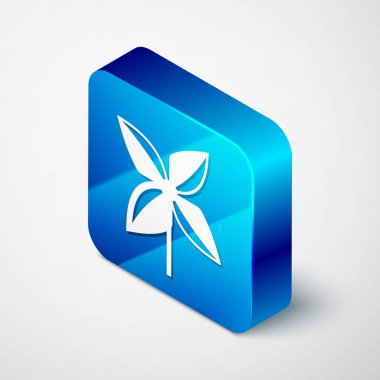 Beyaz arkaplanda izole edilmiş Isometric Fırıldak simgesi. Yel değirmeni oyuncak ikonu. Mavi kare düğme. Vektör İllüstrasyonu