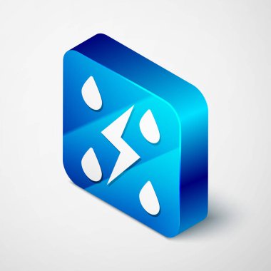 Isometric Storm simgesi beyaz arkaplanda izole edildi. Düşüş ve yıldırım işareti. Fırtınanın hava durumu ikonu. Mavi kare düğme. Vektör İllüstrasyonu