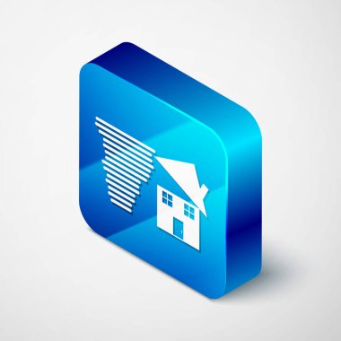 Isometric Tornado girdabı beyaz arka planda izole edilmiş çatı simgesine zarar veriyor. Kasırga, kasırga, fırtına bacası, kasırga rüzgar ikonu. Mavi kare düğme. Vektör İllüstrasyonu