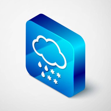 Beyaz arka planda izole edilmiş kar ve yağmur simgesine sahip İzometrik Bulut. Hava durumu simgesi. Mavi kare düğmesi. Vektör İllüstrasyonu