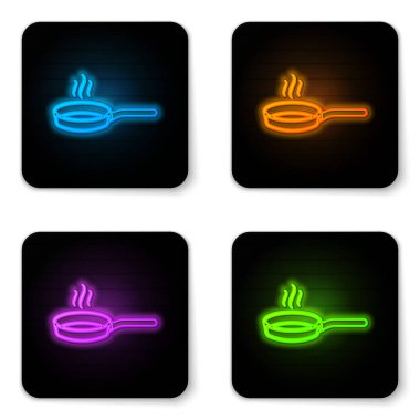 Parlayan neon kızartma tavası simgesi beyaz arkaplanda izole edildi. Kızartma veya kızartma gıda sembolü. Siyah kare düğme. Vektör İllüstrasyonu