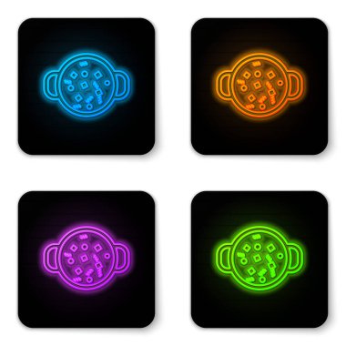 Beyaz arka planda izole edilmiş tencere ikonunda parlayan neon pişirme çorbası. Haşlama ya da güveç besin sembolü. Siyah kare düğme. Vektör İllüstrasyonu