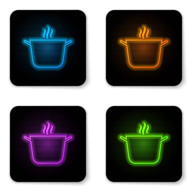Parlayan neon tencere ikonu beyaz arka planda izole edildi. Haşlama ya da güveç besin sembolü. Siyah kare düğme. Vektör İllüstrasyonu