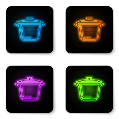 Parlayan neon tencere ikonu beyaz arka planda izole edildi. Haşlama ya da güveç besin sembolü. Siyah kare düğme. Vektör İllüstrasyonu