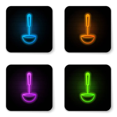 Parlayan neon mutfak kepçesi simgesi beyaz arkaplanda izole edildi. Mutfak aletleri. Çatal kaşık tabelası. Siyah kare düğme. Vektör İllüstrasyonu