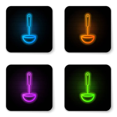 Parlayan neon mutfak kepçesi simgesi beyaz arkaplanda izole edildi. Mutfak aletleri. Çatal kaşık tabelası. Siyah kare düğme. Vektör İllüstrasyonu