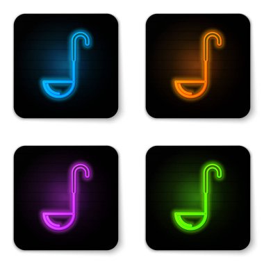 Parlayan neon mutfak kepçesi simgesi beyaz arkaplanda izole edildi. Mutfak aletleri. Çatal kaşık tabelası. Siyah kare düğme. Vektör İllüstrasyonu