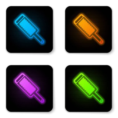 Parlayan neon rendeleyici simgesi beyaz arkaplanda izole edildi. Mutfak sembolü. Mutfak aletleri. Çatal bıçak seti. Siyah kare düğme. Vektör İllüstrasyonu