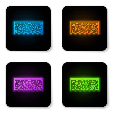 Beyaz arkaplanda izole edilmiş köpük ikonlu parlak neon sünger. Bulaşık yıkamak için bir tutam Bast. Temizlik servisi logosu. Siyah kare düğme. Vektör İllüstrasyonu