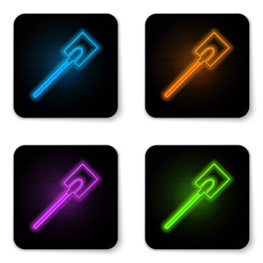 Parlayan neon bahçesi kürek ikonu beyaz arkaplanda izole edilmiş. Bahçe aletleri. Bahçecilik, tarım, çiftçilik aleti. Siyah kare düğme. Vektör İllüstrasyonu