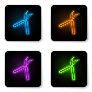 Beyaz arkaplanda izole edilmiş simgeyi budamak için parıldayan neon bahçe makası. Ahşap saplı budama makası. Siyah kare düğme. Vektör İllüstrasyonu