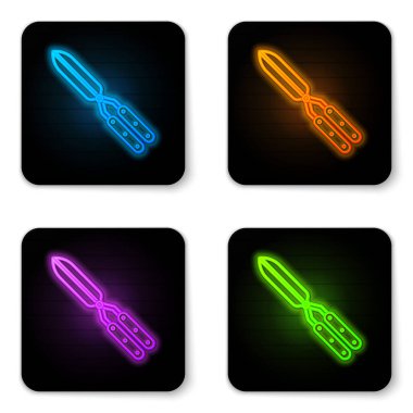 Beyaz arkaplanda izole edilmiş simgeyi budamak için parıldayan neon bahçe makası. Ahşap saplı budama makası. Siyah kare düğme. Vektör İllüstrasyonu