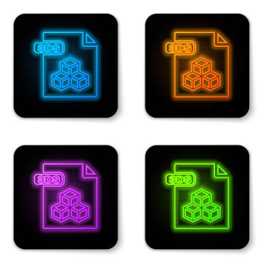 Parlayan neon 3s dosya dökümanı. Beyaz arkaplanda 3ds düğmesi simgesi indir. 3D dosya sembolü. Siyah kare düğme. Vektör İllüstrasyonu