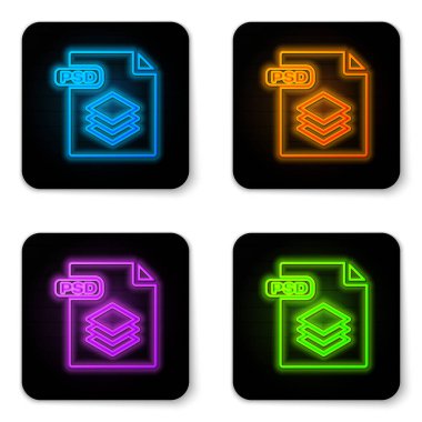 Parlayan neon psd dosya belgesi. Beyaz arkaplanda psd simgesi indir. PSD dosya sembolü. Siyah kare düğme. Vektör İllüstrasyonu