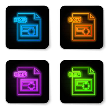 Parlayan neon bmp dosya dökümanı. Beyaz arkaplanda bmp düğmesi simgesi indir. Bmp dosya sembolü. Siyah kare düğme. Vektör İllüstrasyonu