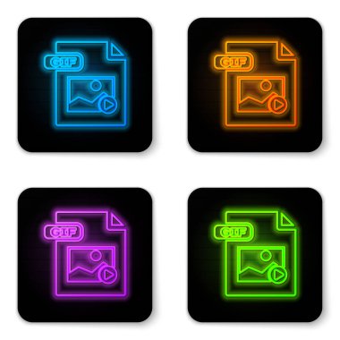Parlayan neon Gif dosyası. Gif düğmesi simgesi beyaz arkaplanda izole edildi. Gif dosya sembolü. Siyah kare düğme. Vektör İllüstrasyonu