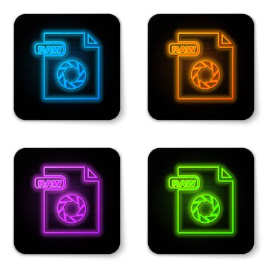 Parlayan neon ham dosya belgesi. Beyaz arkaplanda izole edilmiş ham düğme simgesi indir. Ham dosya sembolü. Siyah kare düğme. Vektör İllüstrasyonu