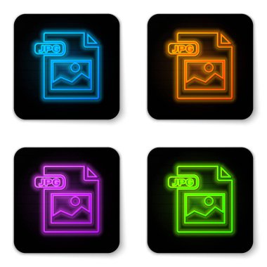 Parlayan neon Jpg dosya belgesi. Resim düğmesi simgesi beyaz arkaplanda izole edildi. Jpg dosya sembolü. Siyah kare düğme. Vektör İllüstrasyonu