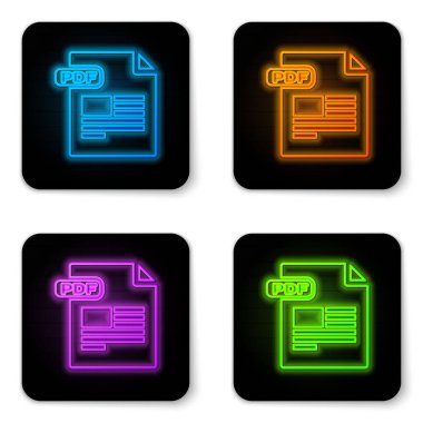 Parlayan neon pdf dosya belgesi. Beyaz arkaplanda pdf simgesi indir. Pdf dosya sembolü. Siyah kare düğme. Vektör İllüstrasyonu