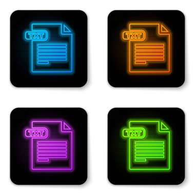 Parlayan neon Txt dosya belgesi. Beyaz arkaplanda txt düğmesi simgesi indir. Metin dosya uzantısı sembolü. Siyah kare düğme. Vektör İllüstrasyonu