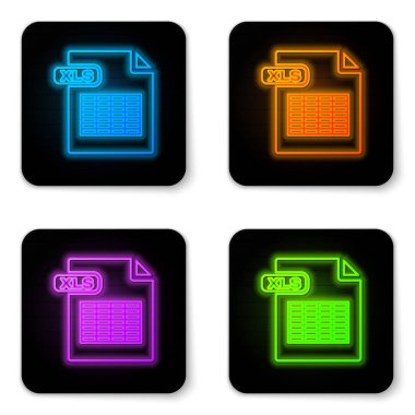 Parlayan neon Xls dosya dökümanı. Xls düğmesi simgesi beyaz arkaplanda izole edildi. Dosya simgesini çıkart. Siyah kare düğme. Vektör İllüstrasyonu