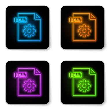 Parlayan neon Dll dosya dökümanı. Dll düğmesi simgesi beyaz arkaplanda izole edildi. Dll dosya sembolü. Siyah kare düğme. Vektör İllüstrasyonu