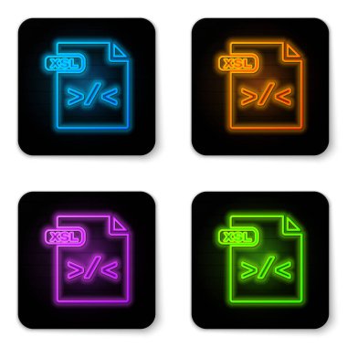 Parlayan neon Xsl dosya belgesi. xsl düğmesi simgesi beyaz arkaplanda izole edildi. Dosya simgesini çıkart. Siyah kare düğme. Vektör İllüstrasyonu