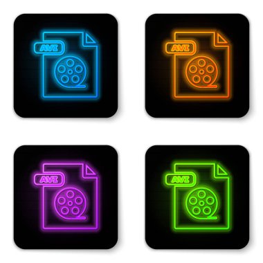 Parlayan neon Avi dosya dökümanı. Beyaz arkaplanda avi düğmesi simgesi indir. Avi dosya sembolü. Siyah kare düğme. Vektör İllüstrasyonu