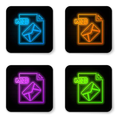 Parlayan neon Msg dosya belgesi. Beyaz arkaplanda msg düğmesi simgesi indir. Msg dosya sembolü. Siyah kare düğme. Vektör İllüstrasyonu