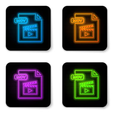 Parlayan neon Mov dosya dökümanı. Beyaz arkaplanda mov simgesi indir. Hareket dosyası sembolü. Ses ve video koleksiyonu. Siyah kare düğme. Vektör İllüstrasyonu