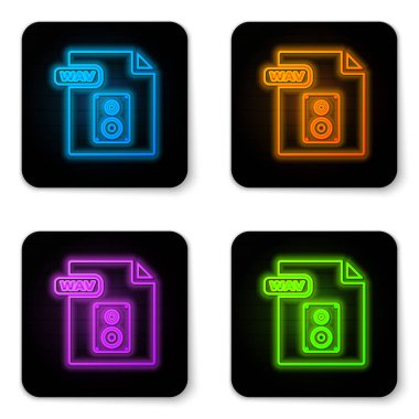 Parlayan neon Wav dosya dökümanı. Beyaz arkaplanda dalga düğmesi simgesi indir. Dijital ses riff dosyaları için Wav dalga biçimi ses dosyası biçimi. Siyah kare düğme. Vektör İllüstrasyonu