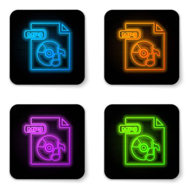 Parlayan neon Mp3 dosya dökümanı. Beyaz arkaplanda izole edilmiş mp3 düğmesi simgesi indir. Mp3 müzik format işareti. Mp3 dosya sembolü. Siyah kare düğme. Vektör İllüstrasyonu