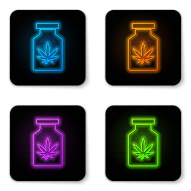 Beyaz arka planda marihuana ya da kenevir yaprağı ikonu ile parlayan neon tıp şişesi. Kavanozlardaki kenevir yağı özlerini taklit et. Siyah kare düğme. Vektör İllüstrasyonu